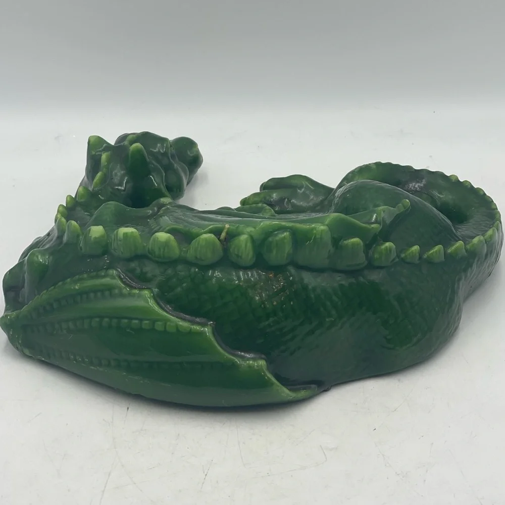 Vintage Unburnt Wax Candle Mythical Green Dragon Shaped Reptile w/Red Glass Eyes